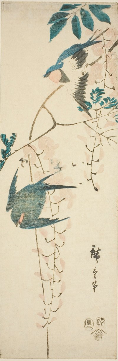 Jaskółki i glicynia autorstwa Utagawa Hiroshige