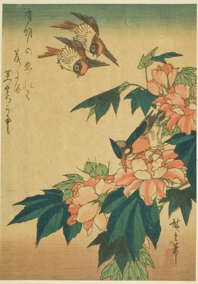 Jaskółki, zimorodek i hibiskus autorstwa Utagawa Hiroshige