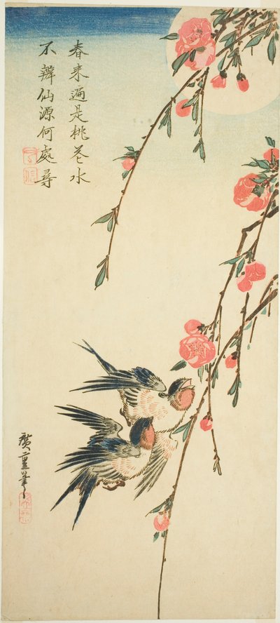Jaskółki, plisowane kwiaty i pełnia księżyca autorstwa Utagawa Hiroshige