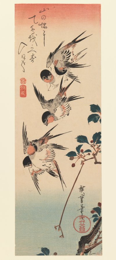 Tanzaku, Cztery jaskółki, 1832 (kolorowy drzeworyt) autorstwa Utagawa Hiroshige