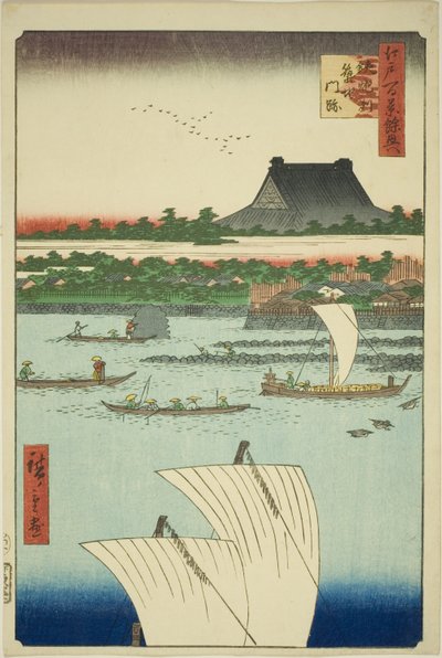 Top design d Tsukiji Hongwanji ręka świątyni MP (rysunek Teppo Tsukiji monzeki), z serii s `` Supp e noodles t and te ridge minutes Keiyo)” autorstwa Utagawa Hiroshige
