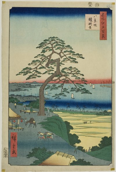 Wisząca sosna w Hakkeizaka (Hakkeizaka Yoroikakematsu), z serii "Sto słynnych widoków Edo (Meisho Edo hyakkei)". autorstwa Utagawa Hiroshige
