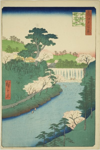 Zapora na rzece Otonashi w Oji, powszechnie nazywana „Wielkim Wodospadem” (Oji Otonashigawa entai, sezoku Otaki do tonau), z serii „Sto słynnych widoków Edo (Meisho Edo hyakkei)” autorstwa Utagawa Hiroshige