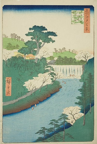 Tama na rzece Otonashi w Oji, powszechnie nazywana "Wielkim wodospadem" (Oji Otonashigawa entai, sezoku Otaki to tonau), nr 19 z serii "Sto słynnych widoków Edo (Meisho Edo hyakkei)". autorstwa Utagawa Hiroshige