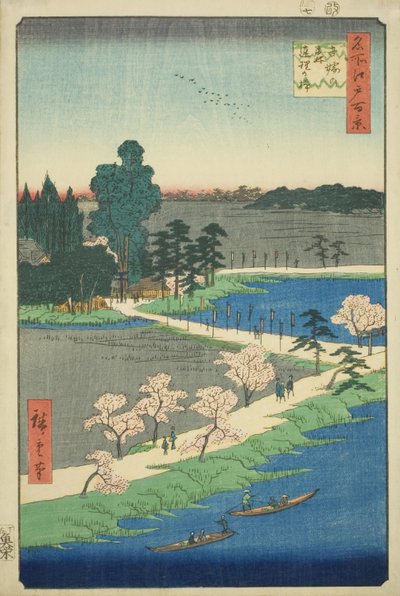 Splecione drzewa kamforowe w świątyni Azuma (Azuma no mori Renri no azusa), z serii „Sto słynnych widoków Edo (Meisho Edo hyakkei)” autorstwa Utagawa Hiroshige