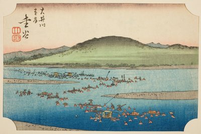 Daleki brzeg rzeki Oi w Kanaya (Oigawa engan, Kanaya), fragment arkusza nr. 6 z serii "Wycinane obrazy Tokaido (Tokaido harimaze zue)" autorstwa Utagawa Hiroshige