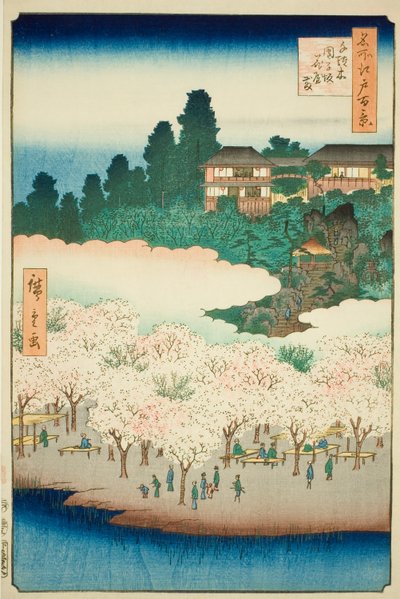 Pawilon kwiatowy na zboczu Dango, Sendagi (Sendagi Dangozaka Hanayashiki), nr 16 z serii "Sto słynnych widoków Edo (Meisho Edo hyakkei)". autorstwa Utagawa Hiroshige