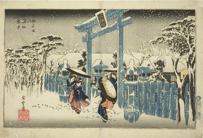 Świątynia Gion w Śniegu (Gionsha setchu), z serii „Słynne miejsca w Kioto (Kyoto meisho no uchi)” autorstwa Utagawa Hiroshige