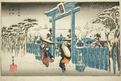 Świątynia Gion w Śniegu (Gionsha setchu), z serii „Słynne miejsca w Kioto (Kyoto meisho no uchi)” autorstwa Utagawa Hiroshige