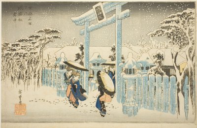 Świątynia Gion w Śniegu (Gionsha setchu), z serii „Słynne miejsca w Kioto (Kyoto meisho no uchi)” autorstwa Utagawa Hiroshige