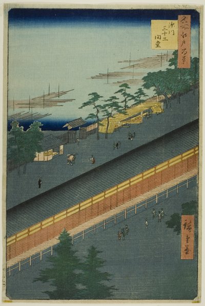 Hall of Thirty-Three Bays at Fukagawa (Fukagawa Sanjusangendo), z serii "One Hundred Famous Views of Edo (Meisho Edo hyakkei)". autorstwa Utagawa Hiroshige
