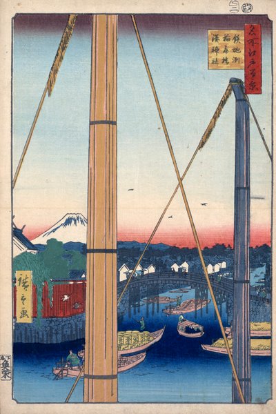 Sanktuarium portowe i most Inari w Teppozu, sto słynnych widoków Edo, 1856-1858. autorstwa Utagawa Hiroshige
