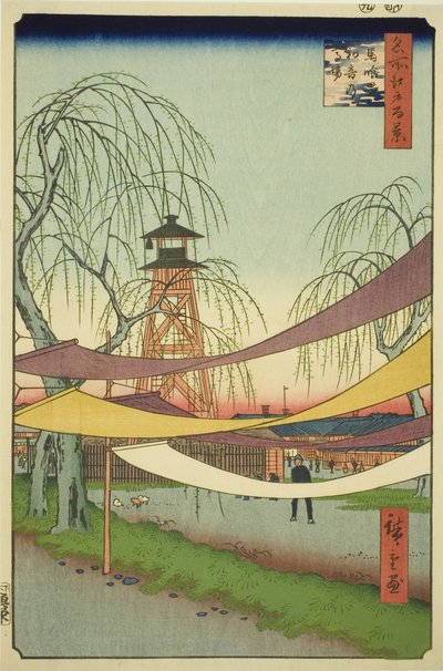 Teha Jori Jin G Lownds at Exposure - napisany (ekspozycja – napisany przez Tsune no Baba), z serii Te „Rridge of ridges Views of Edo (sto słynnych widoków Edo)” autorstwa Utagawa Hiroshige