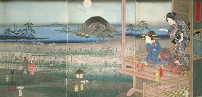 Pani Fujitsubo obserwująca księcia Genji odjeżdżającego w świetle księżyca, 1853, (kolorowy drzeworyt) autorstwa Utagawa Hiroshige