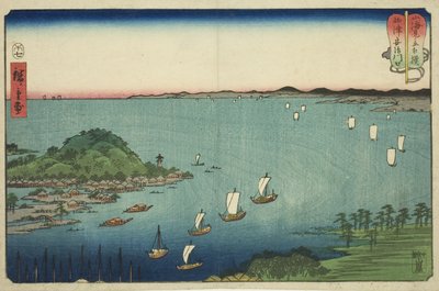 Ujście rzeki Aji w prowincji Settsu (Settsu Ajikawaguchi), z serii „Wrestling Matching between Mountains and Seas (Sankai mitate zumo)” autorstwa Utagawa Hiroshige
