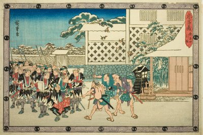 Nocny atak, część 4: Odwrót (Youchi yon, hikitori), z serii „Zemsta lojalnych podwładnych (Chushingura)” autorstwa Utagawa Hiroshige