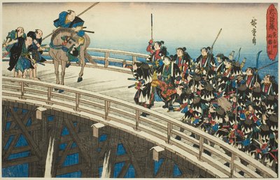 Nocny atak, część 4 [sic; właściwie 5]: Ucieczka przez most Ryogoku (Youchi yon, Ryogoku hikitori), z serii „Zemsta lojalnych podwładnych (Chushingura)” autorstwa Utagawa Hiroshige