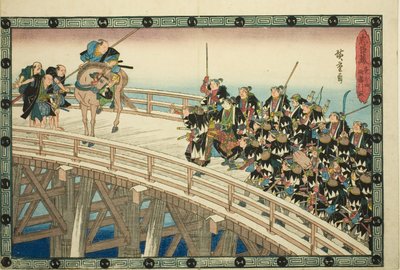 Nocny atak, część 4 [sic; właściwie 5]: Ucieczka przez most Ryogoku (Youchi yon, Ryogoku hikitori), z serii „Zemsta lojalnych podwładnych (Chushingura)” autorstwa Utagawa Hiroshige