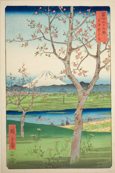 Przedmieścia Koshigaya w prowincji Musashi (Musashi Koshigaya zai), z serii „Trzydzieści sześć widoków na górę Fuji (Fuji sanjurokkei)” autorstwa Utagawa Hiroshige