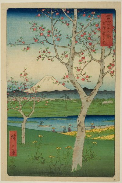 Przedmieścia Koshigaya w prowincji Musashi (Musashi Koshigaya zai), z serii „Trzydzieści sześć widoków na górę Fuji (Fuji sanjurokkei)” autorstwa Utagawa Hiroshige