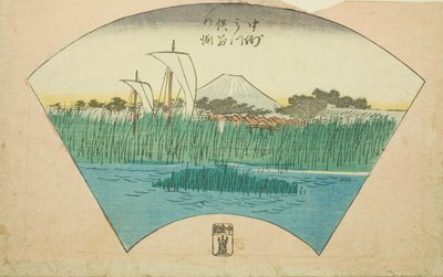 Głębokość rozdzielająca trójzębną rzekę w Nakasu (Nakasu Mitsumata Wakarenofuchi), fragment arkusza z serii „Wycinane obrazy słynnych miejsc w Edo (Edo meisho harimaze zue)” autorstwa Utagawa Hiroshige