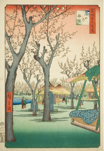 Śliwkowy sad w Kamata (Kamata no umezono), nr 27 z serii "Sto słynnych widoków Edo (Meisho Edo hyakkei)". autorstwa Utagawa Hiroshige