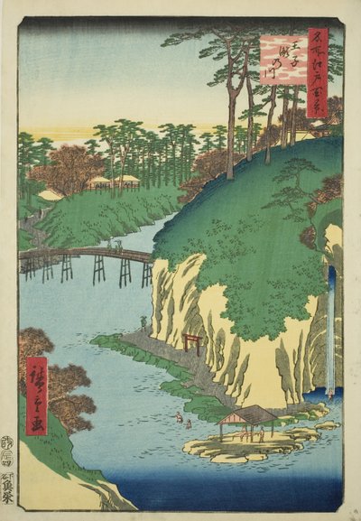 Rzeka wodospadów w Oji (Oji Takinogawa), z serii „Sto słynnych widoków Edo (Meisho Edo hyakkei)” autorstwa Utagawa Hiroshige