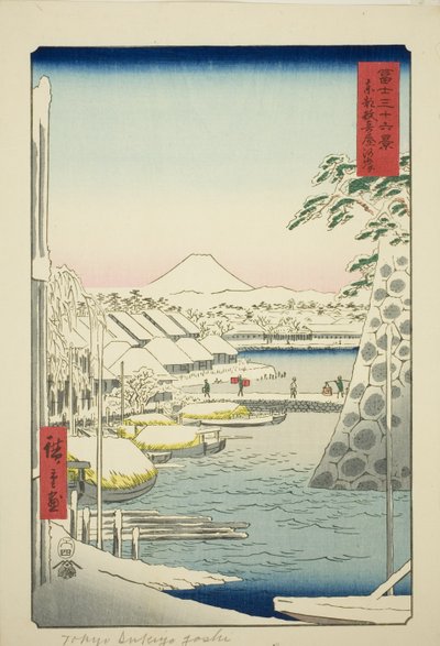 Brzeg rzeki w Sukiya we wschodniej stolicy (Toto Sukiyagashi), z serii „Trzydzieści sześć widoków góry Fuji (Fuji sanjurokkei)” autorstwa Utagawa Hiroshige