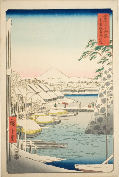 Brzeg rzeki w Sukiya we wschodniej stolicy (Toto Sukiyagashi), z serii „Trzydzieści sześć widoków góry Fuji (Fuji sanjurokkei)” autorstwa Utagawa Hiroshige