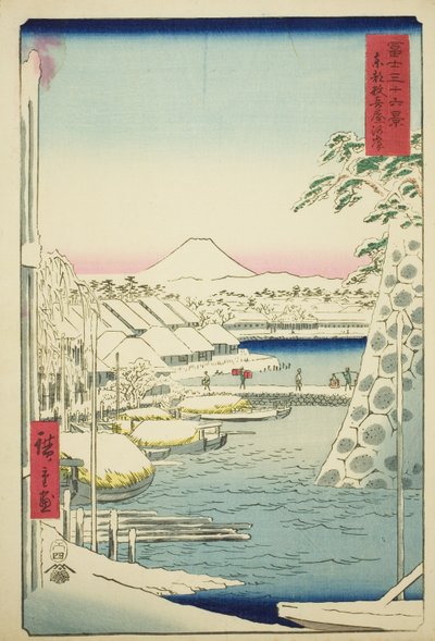 Brzeg rzeki w Sukiya we wschodniej stolicy (Toto Sukiyagashi), z serii „Trzydzieści sześć widoków góry Fuji (Fuji sanjurokkei)” autorstwa Utagawa Hiroshige