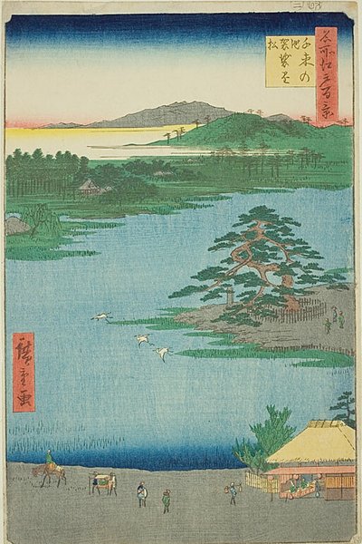 Sosna wisząca nad stawem Senzoku (Senzoku no ike Kesakakematsu), nr 110 z serii "Sto słynnych widoków Edo (Meisho Edo hyakkei)". autorstwa Utagawa Hiroshige