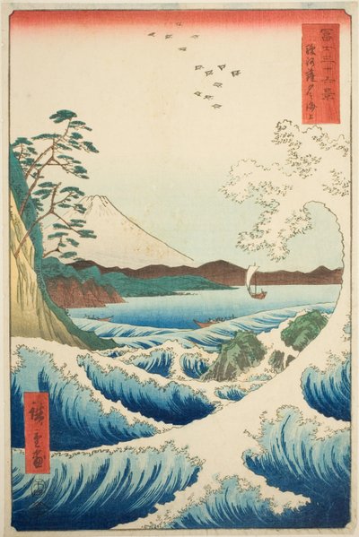 Członek, który odszedł, ale P Rovinse (odwołanie surugi odszedł), z serii „Pan Tyrty x Widoki Fuji (Fuji Kasaju Rokukatsu)” autorstwa Utagawa Hiroshige