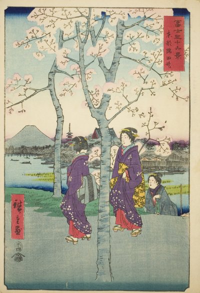 Nabrzeże Sumida we wschodniej stolicy (Toto Sumida-zutsumi), z serii „Trzydzieści sześć widoków góry Fuji (Fuji sanjurokkei)” autorstwa Utagawa Hiroshige