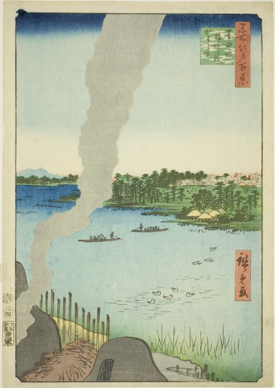 Piece kaflowe i prom Hashiba na rzece Sumida (Sumidagawa Hashiba no watashi kawaragama), z serii „Sto słynnych widoków Edo (Meisho Edo hyakkei)” autorstwa Utagawa Hiroshige