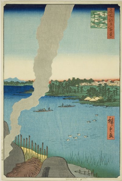 Piece kaflowe i prom Hashiba na rzece Sumida (Sumidagawa Hashiba no watashi kawaragama), z serii „Sto słynnych widoków Edo (Meisho Edo hyakkei)” autorstwa Utagawa Hiroshige