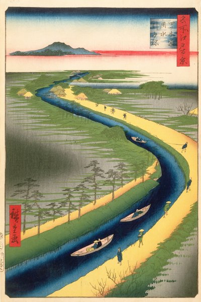 Łódki holownicze wzdłuż kanału Yotsugi-dori, tablica 33 z serii Sto słynnych widoków Edo, okres Edo, epoka Ansei, 1857 (drewnodruk) autorstwa Utagawa Hiroshige