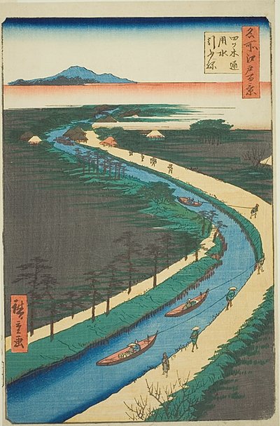 Holowniki wzdłuż kanału Yotsugidori (Yotsugidori yosui hikifune), nr 33 z serii "Sto słynnych widoków Edo (Meisho Edo hyakkei)". autorstwa Utagawa Hiroshige