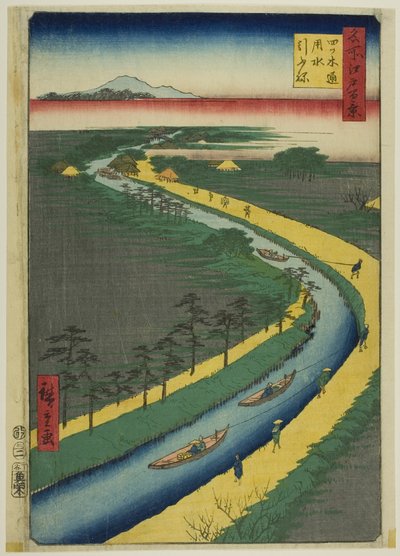 Holowniki wzdłuż kanału Yotsugidori (Yotsugidori yosui hikifune), z serii "Sto słynnych widoków Edo (Meisho Edo hyakkei)". autorstwa Utagawa Hiroshige