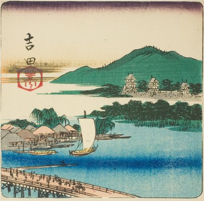 Rzeka Toyo w Yoshida (Yoshida, Toyokawa), fragment arkusza z serii „Wycinanki z pięćdziesięciu trzech stacji (Gojusan tsugi harimaze)” autorstwa Utagawa Hiroshige