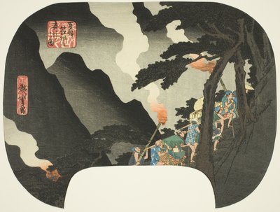 Podróżowanie nocą w górach Hakone na pograniczu prowincji Izu i Sagami (Zuso Hakone-yama yako no zu), z cyklu „Słynne miejsca w różnych prowincjach (Shokoku meisho)” autorstwa Utagawa Hiroshige