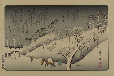 Zmierzch śniegu na wzgórzu Asuka. Z serii Osiem widoków w okolicach Edo, 1838. autorstwa Utagawa Hiroshige