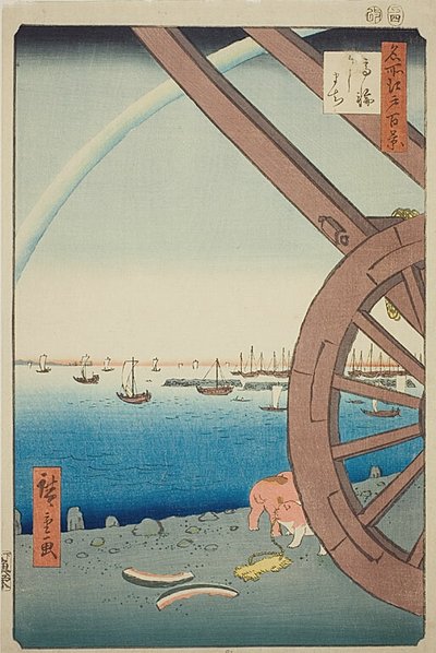 Ushimachi w Takanawa (Takanawa Ushimachi), nr 81 z serii "Sto słynnych widoków Edo (Meisho Edo hyakkei)". autorstwa Utagawa Hiroshige