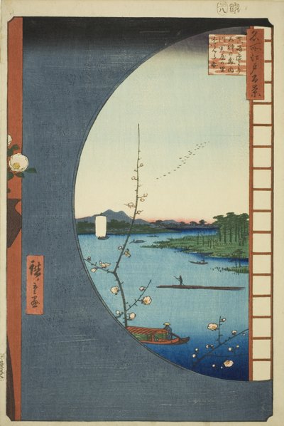 Widok z Massaki na Suijin Shrine, Uchigawa Inlet i Sekiya (Massaki hen yori Suijin no mori Uchigawa Sekiya no sato o miru zu), z serii „Sto słynnych widoków Edo (Meisho Edo hyakkei)” autorstwa Utagawa Hiroshige