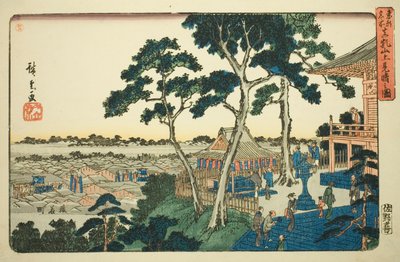 Widok ze szczytu wzgórza Matsuchi (Matsuchiyama ue miharashi no zu), z cyklu „Słynne miejsca we wschodniej stolicy (Toto meisho)” autorstwa Utagawa Hiroshige