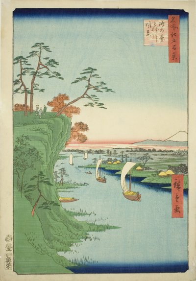 Widok proszku planu d te i Neri ver (tej policji prefektury Otonegawa), z serii „Ridge d red fa net s views of Edo (Sto słynnych widoków Edo)” autorstwa Utagawa Hiroshige