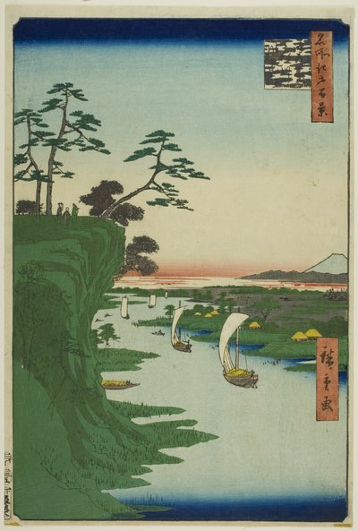 Widok na Konodai i rzekę Tone (Konodai Tonegawa fukei), z serii "Sto słynnych widoków Edo (Meisho Edo hyakkei)". autorstwa Utagawa Hiroshige