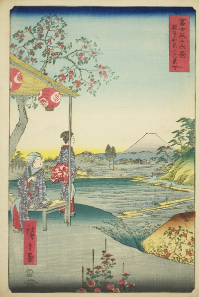 Widok na górę Fuji z herbaciarni w Zoshigaya (Zoshigaya Fujimi chaya), z cyklu „Trzydzieści sześć widoków na górę Fuji (Fuji sanjurokkei)” autorstwa Utagawa Hiroshige
