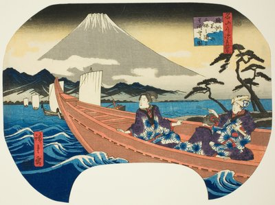 Widok na górę Fuji zza morza w zatoce Miho w prowincji Suruga (Sunshu Fujisan Miho no kaijo yori chobo), z cyklu „Dziesięć widoków słynnych gór w prowincjach (Meizan tsukushi shokoku jukkei)” autorstwa Utagawa Hiroshige