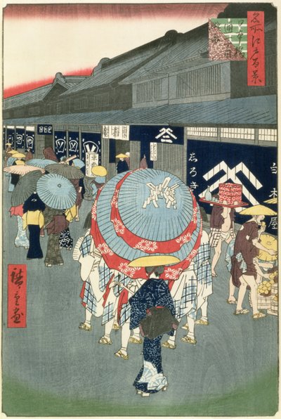 Widok Nihonbashi Tori-itchome (Nihonbashi Tori-itchome Ryakuzu), płyta 44 z One Hundred Views of Edo (kolorowy druk drzeworytu) autorstwa Utagawa Hiroshige