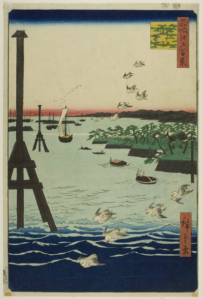 Widok na zatokę Shiba (Shibaura no fukei), z serii "Sto słynnych widoków Edo (Meisho Edo hyakkei)". autorstwa Utagawa Hiroshige